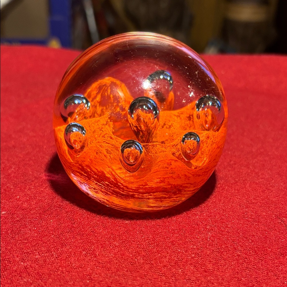 Vibrant Orange Art Glass Sphere with Bubble Design